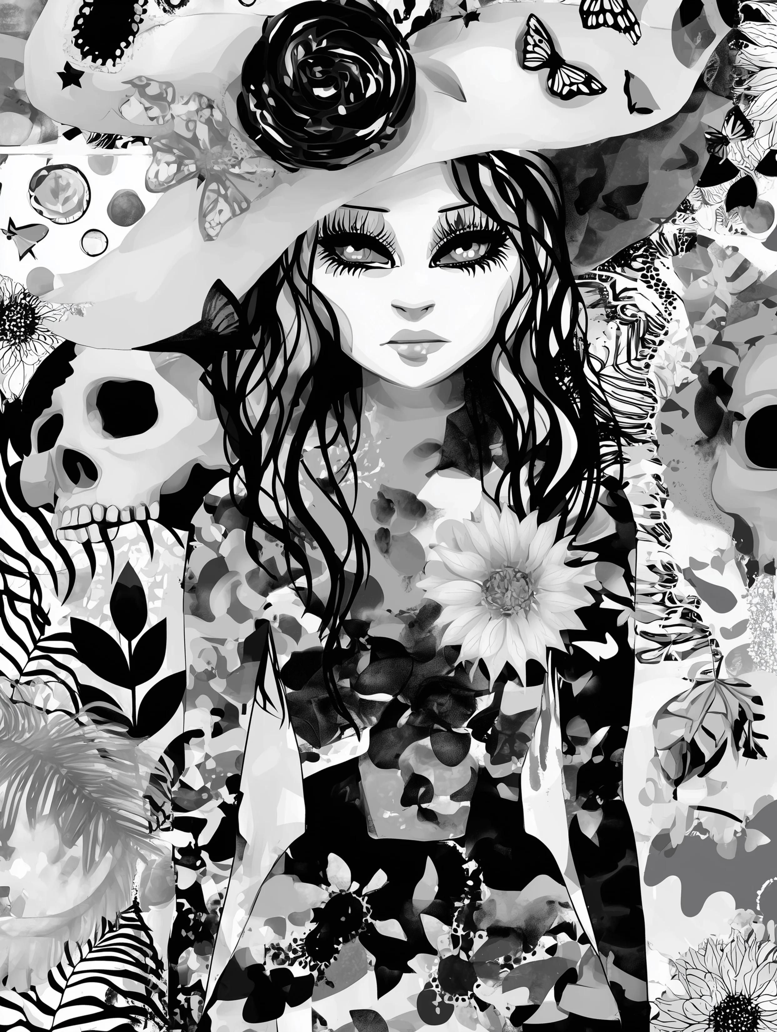 Free printable witch coloring page for adults featuring a witch with a wavy hairstyle